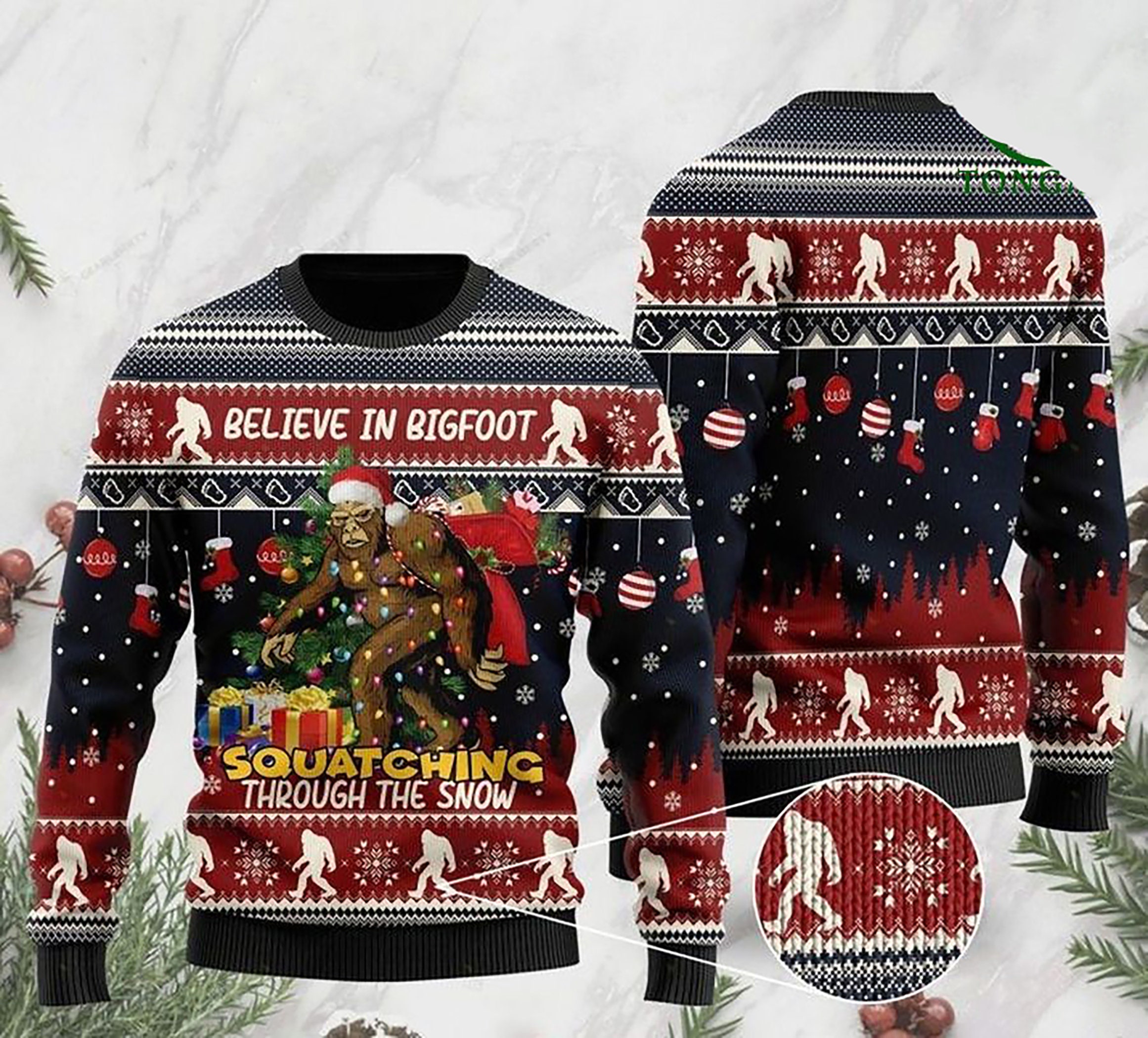 Believe In Bigfoot Squat Ching Through The Snow Christmas Xmas Ugly Christmas Sweater