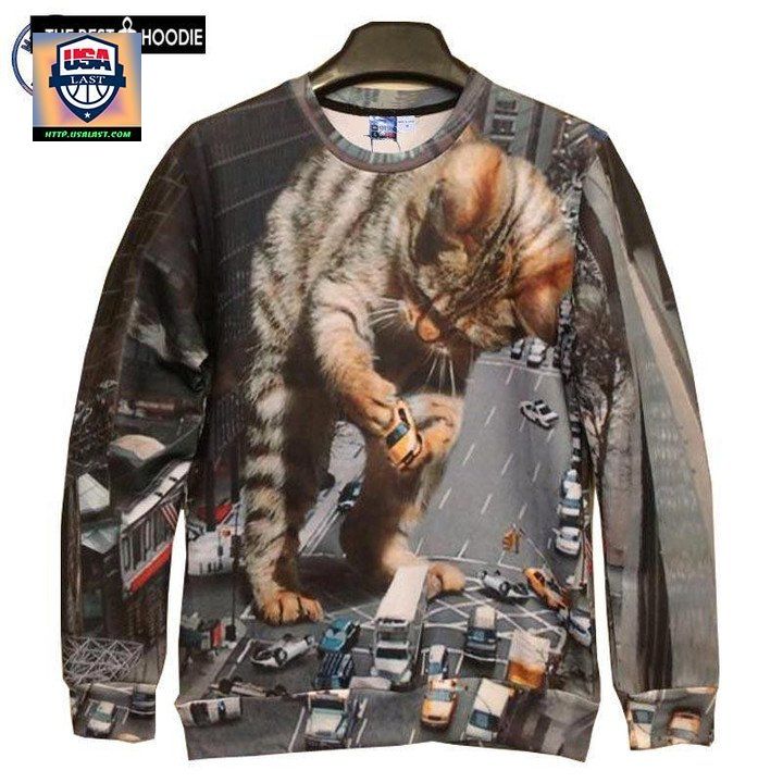 Big Cat Holding Car Print 3D Sweaters Men Womens Hoodies Fashion Thin 3D Sweaters Asi