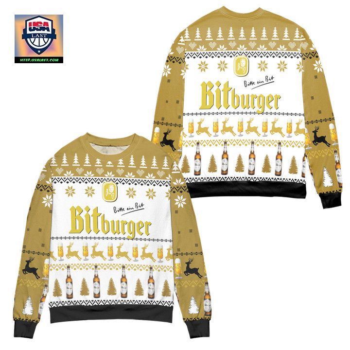 Bitburger Beer Logo Reindeer Pattern Ugly Christmas Sweater Yellow