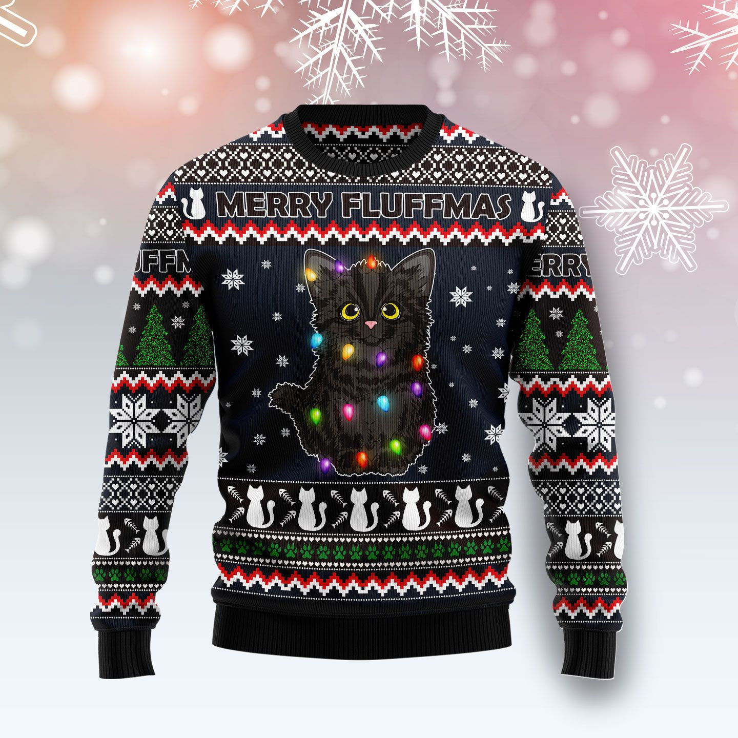 Black Cat Fluffmas Ugly Christmas Sweater, Perfect Holiday Gift