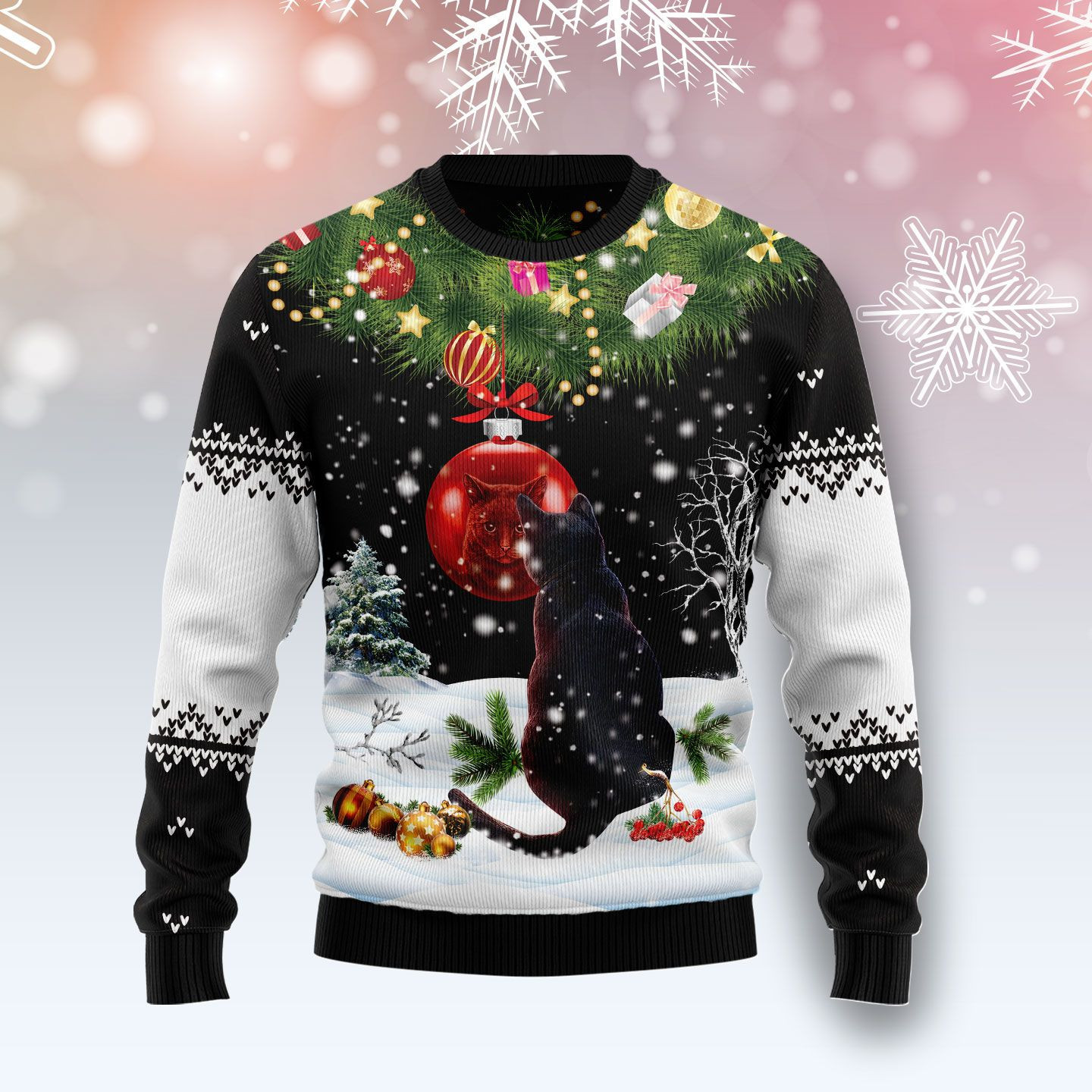 Black Cat Mirror Ugly Christmas Sweater, Perfect Holiday Gift