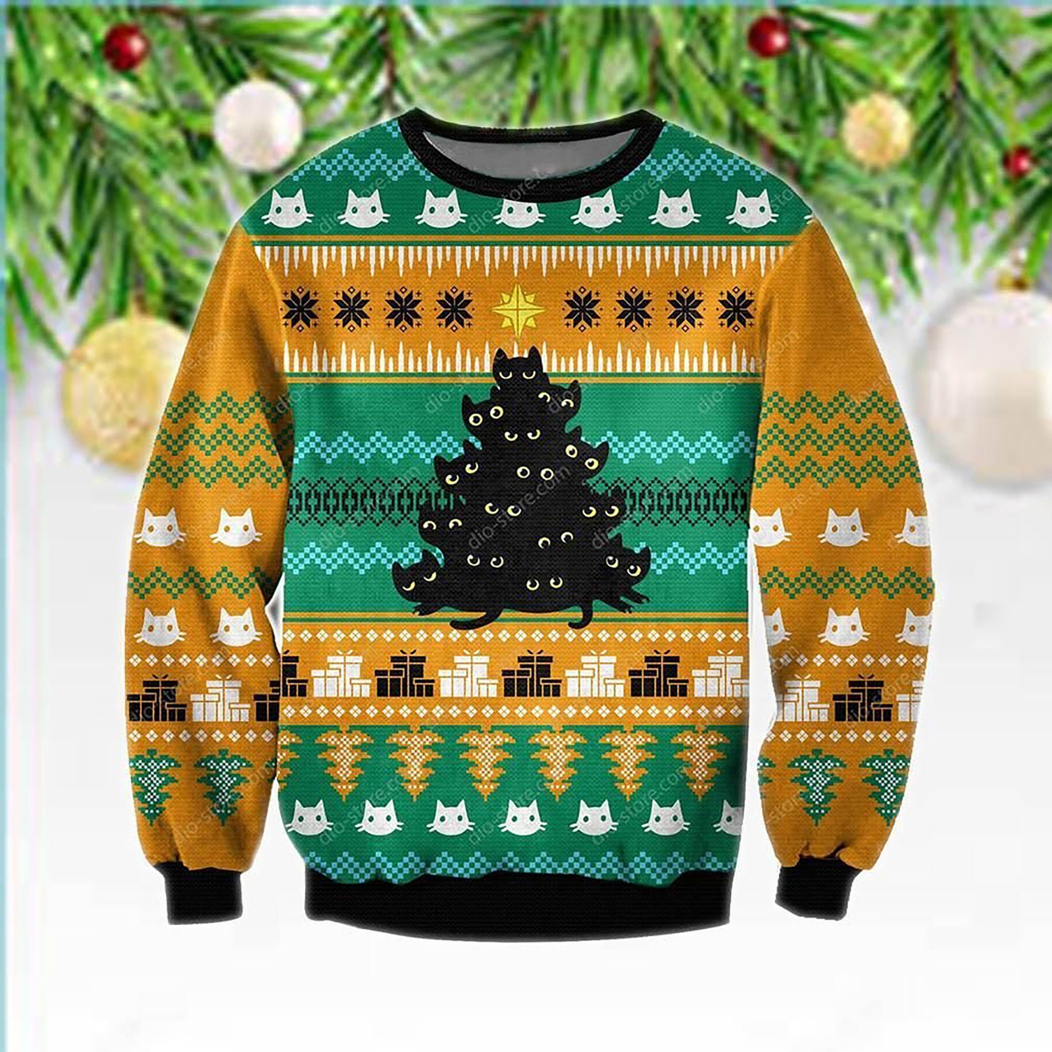 Black Cat Tree Meowy Ugly Christmas Sweater