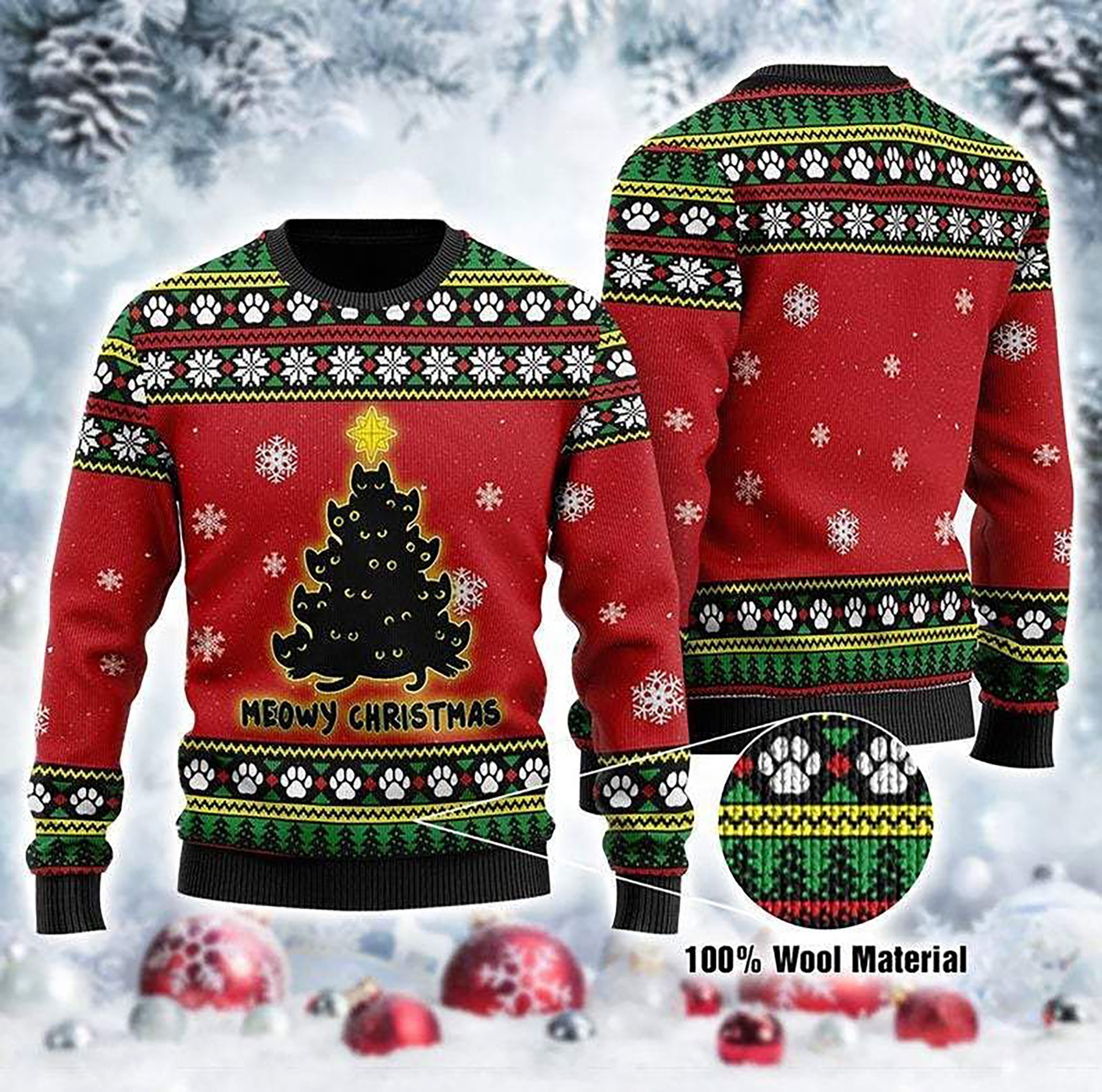 Black Cat Tree Meowy Ugly Christmas Sweater