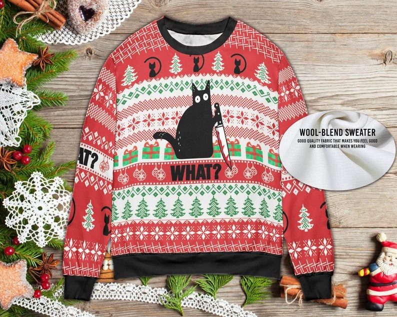 Black Cat What Ugly 3D Full Printing Ugly Christmas Sweater