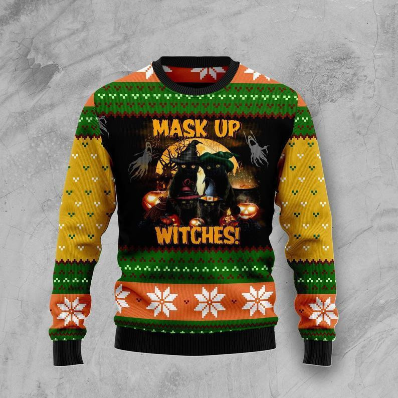 Black Cat Witches Halloween Ugly Christmas Sweater, Perfect Holiday Gift