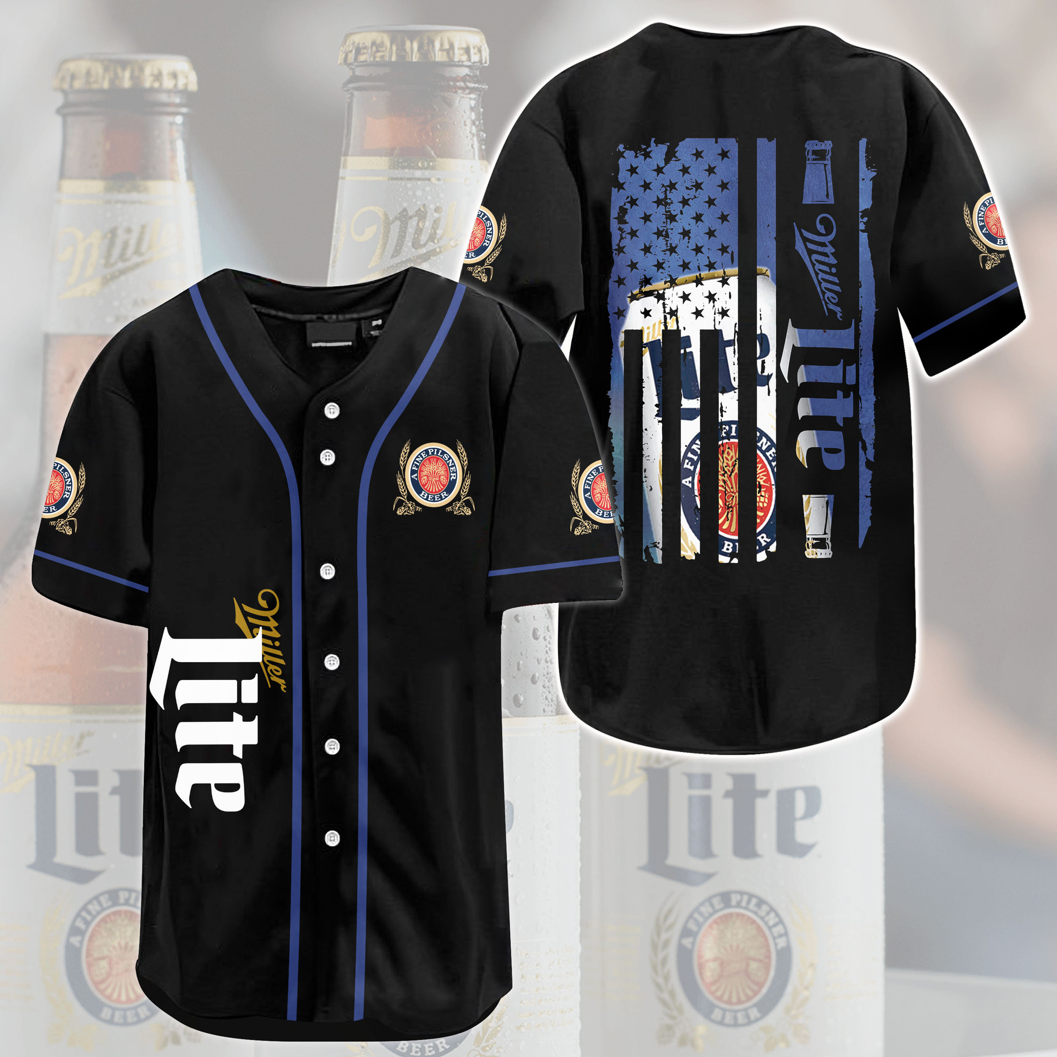 Black Miller Lite Baseball Jersey American Flag For Beer Lover, Birthday Gift Idea, Miller Lite Baseball Jersey For Men Women, Beer Lover Gift