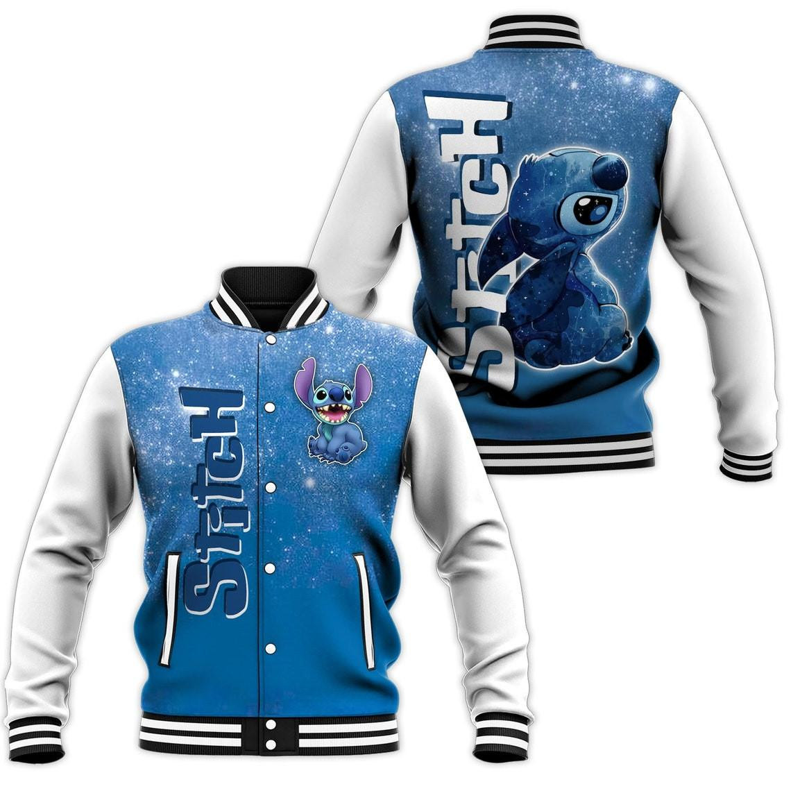 Bling Stitch Navy Blue Disney Cartoon Baseball Jacket for Men & Women | Cartoon Fan Gift