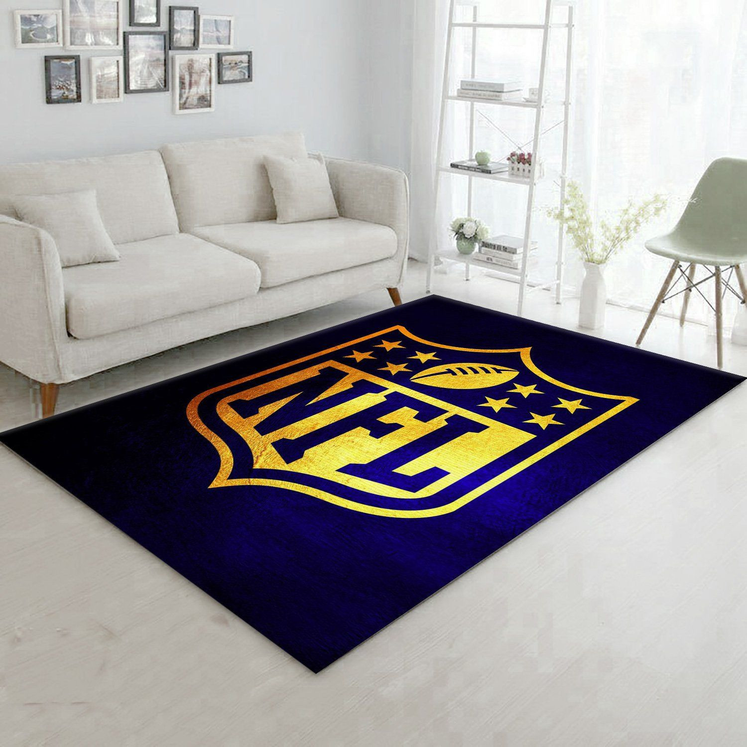 Blue And Gold Rectangle Area Rug – Full Print Carpet For Living Room & Bedroom Home Decor