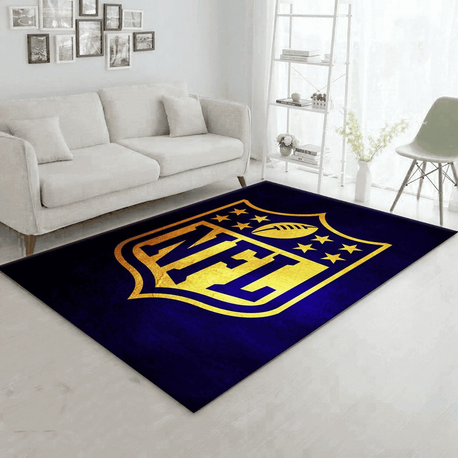 Blue And Gold Rectangle Area Rug – Full Print Carpet For Living Room & Bedroom Home Decor