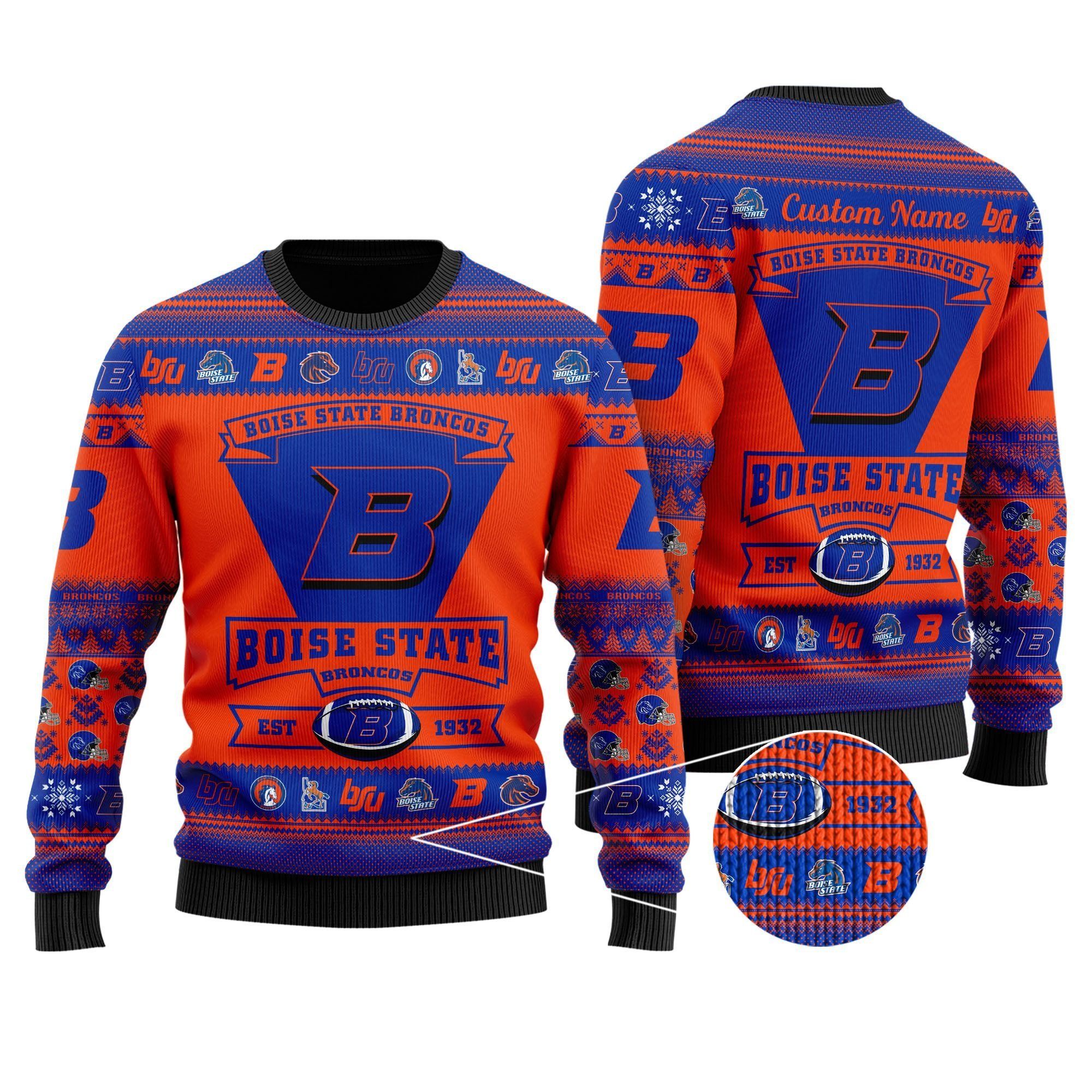 Boise State Broncos Football Team Logo Custom Name Personalized Ugly Christmas Sweater Holiday Party Men Women Plus Size