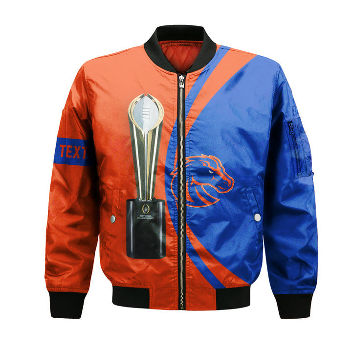 Boise State Broncos Personalized Text Orange Blue Champions Bomber Jacket | NCAA College Team Jacket for Men & Women | Sports Fan Gift