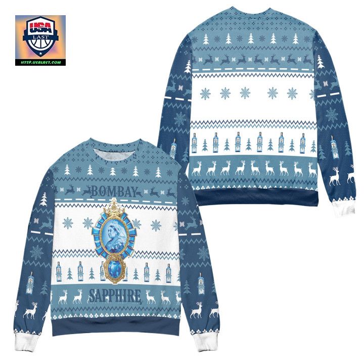 Bombay Sapphire Whisky Pine Tree Ugly Christmas Sweater Blue