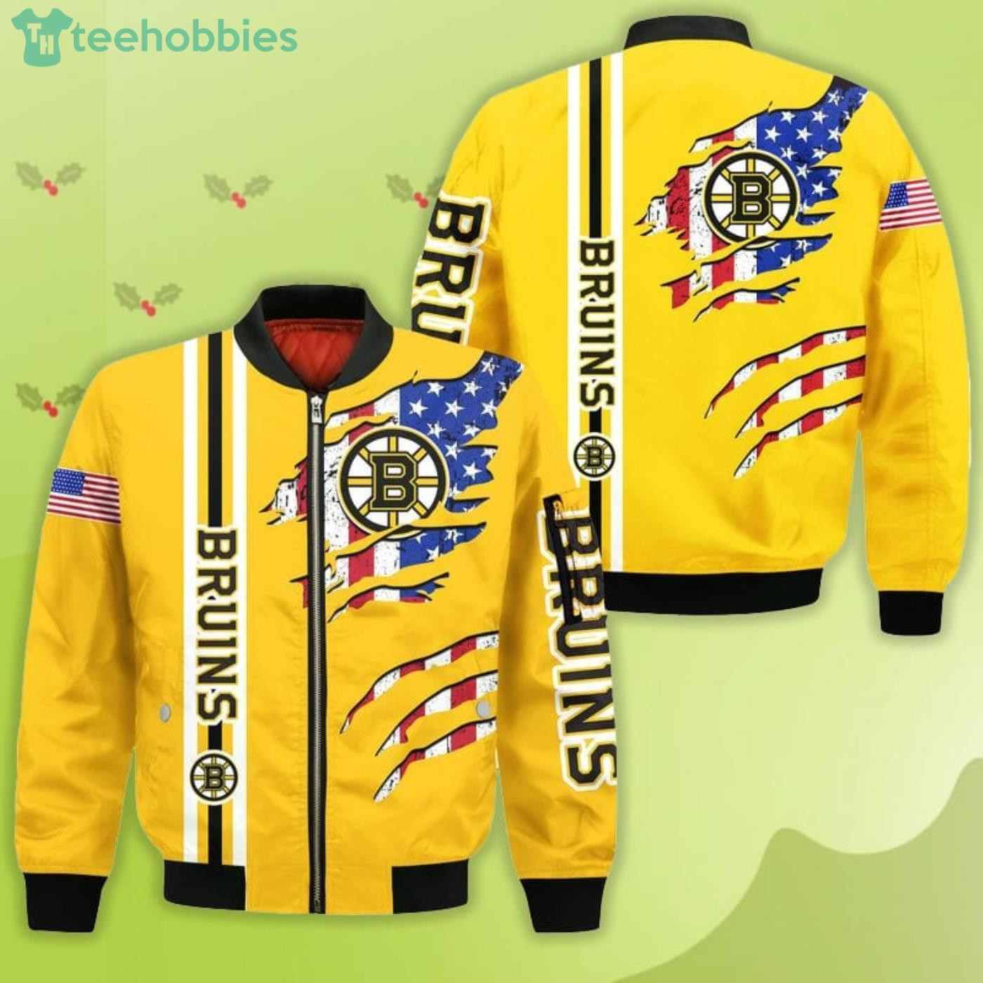 Boston Bruins American Flag Gold Scratch Bomber Jacket | NHL Team Jacket for Men & Women | Hockey Fan Gift