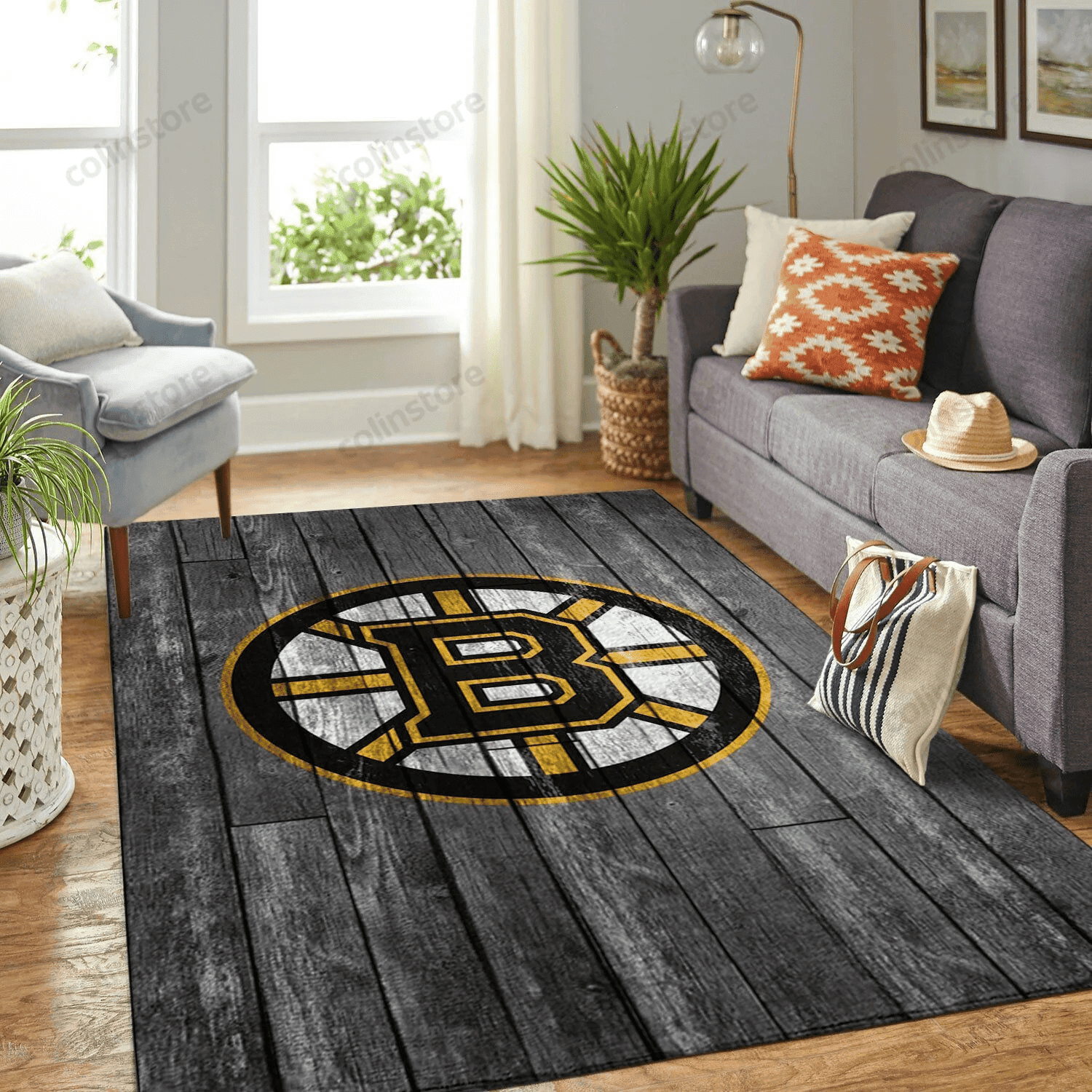Boston Bruins Team Logo Grey Rectangle Area Rug – Full Print Carpet For Living Room & Bedroom Home Decor