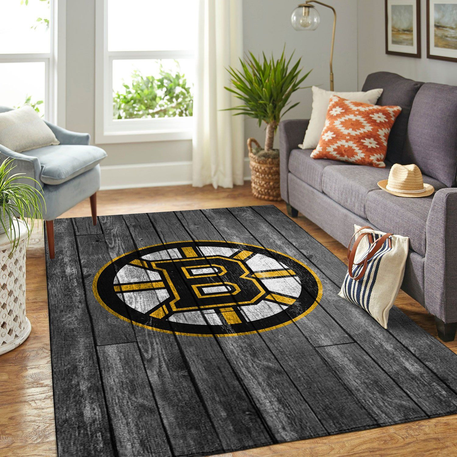Boston Bruins Team Logo Grey Wooden Rectangle Area Rug – Full Print Carpet For Living Room & Bedroom Home Decor