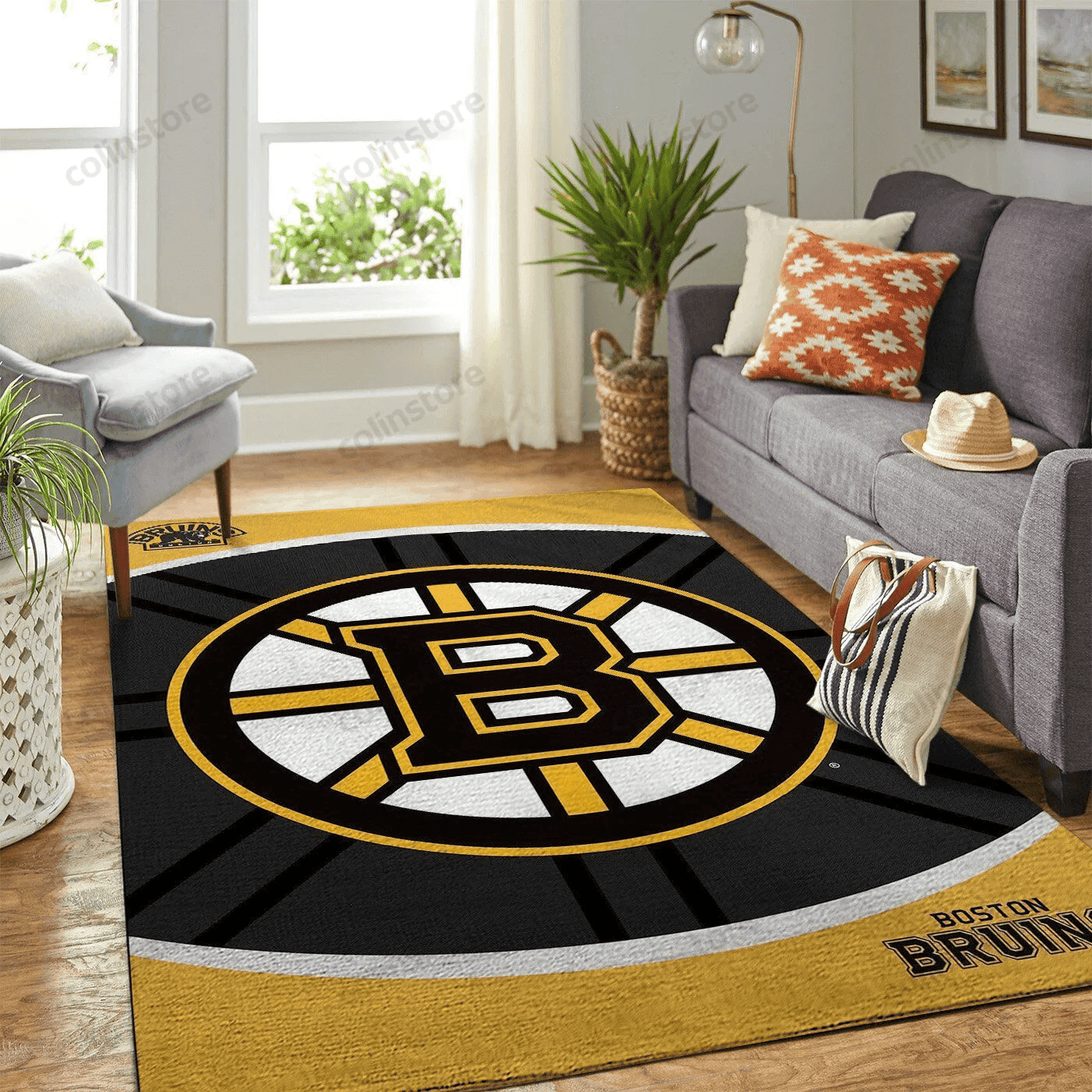 Boston Bruins Team Logo Rectangle Area Rug – Full Print Carpet For Living Room & Bedroom Home Decor