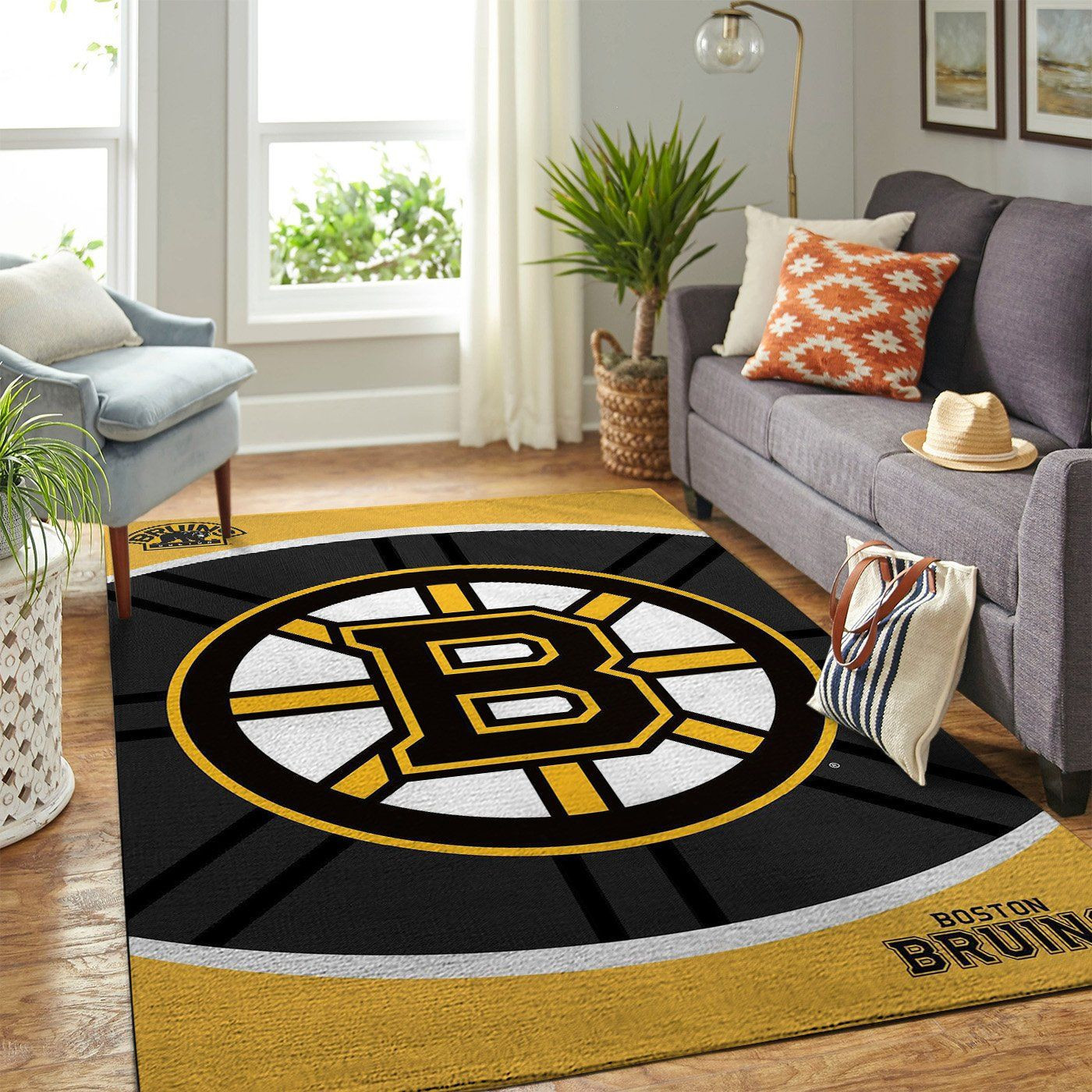 Boston Bruins Team Logo Rectangle Area Rug – Full Print Carpet For Living Room & Bedroom Home Decor