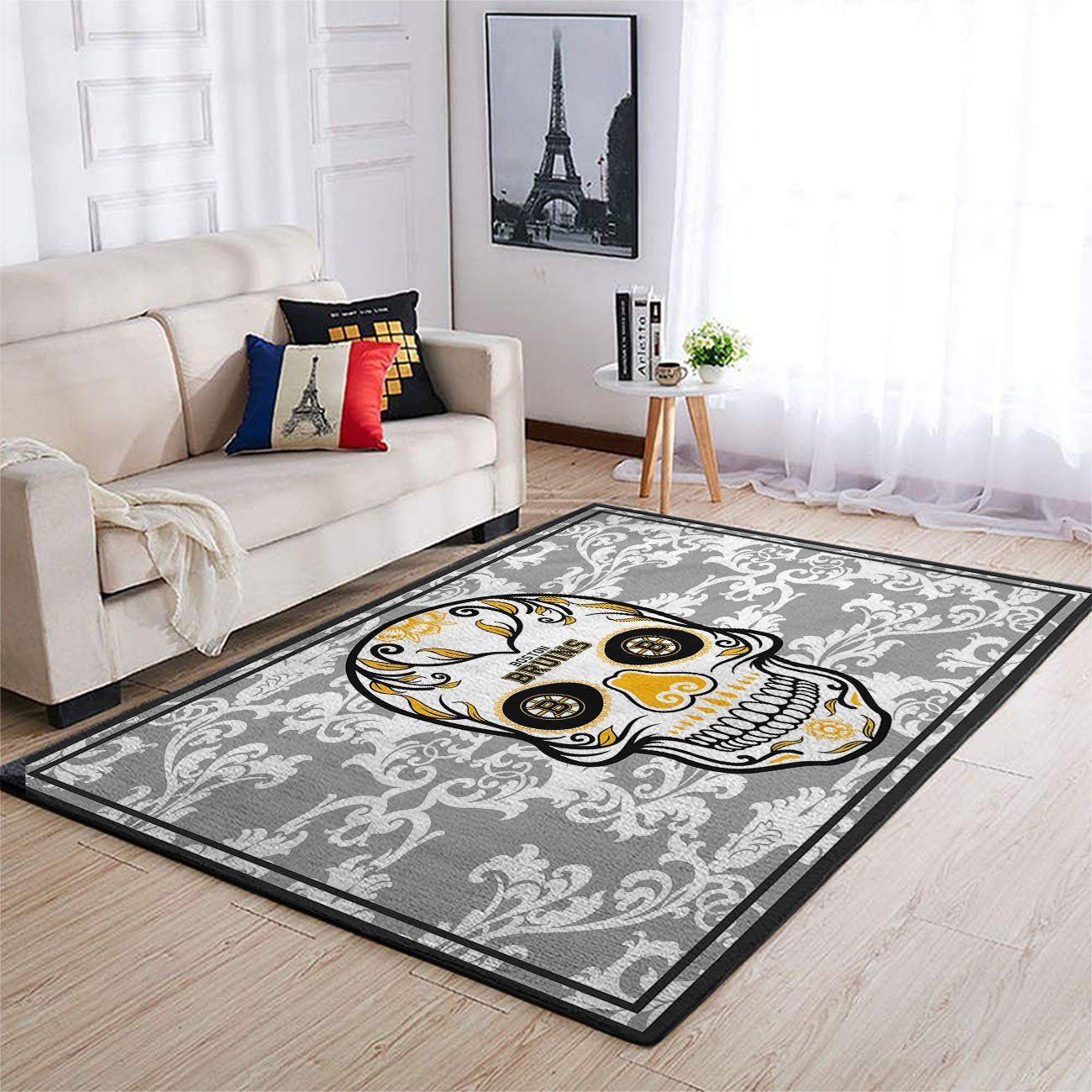 Boston Bruins Team Logo Skull Flower Rectangle Area Rug – Full Print Carpet For Living Room & Bedroom Home Decor