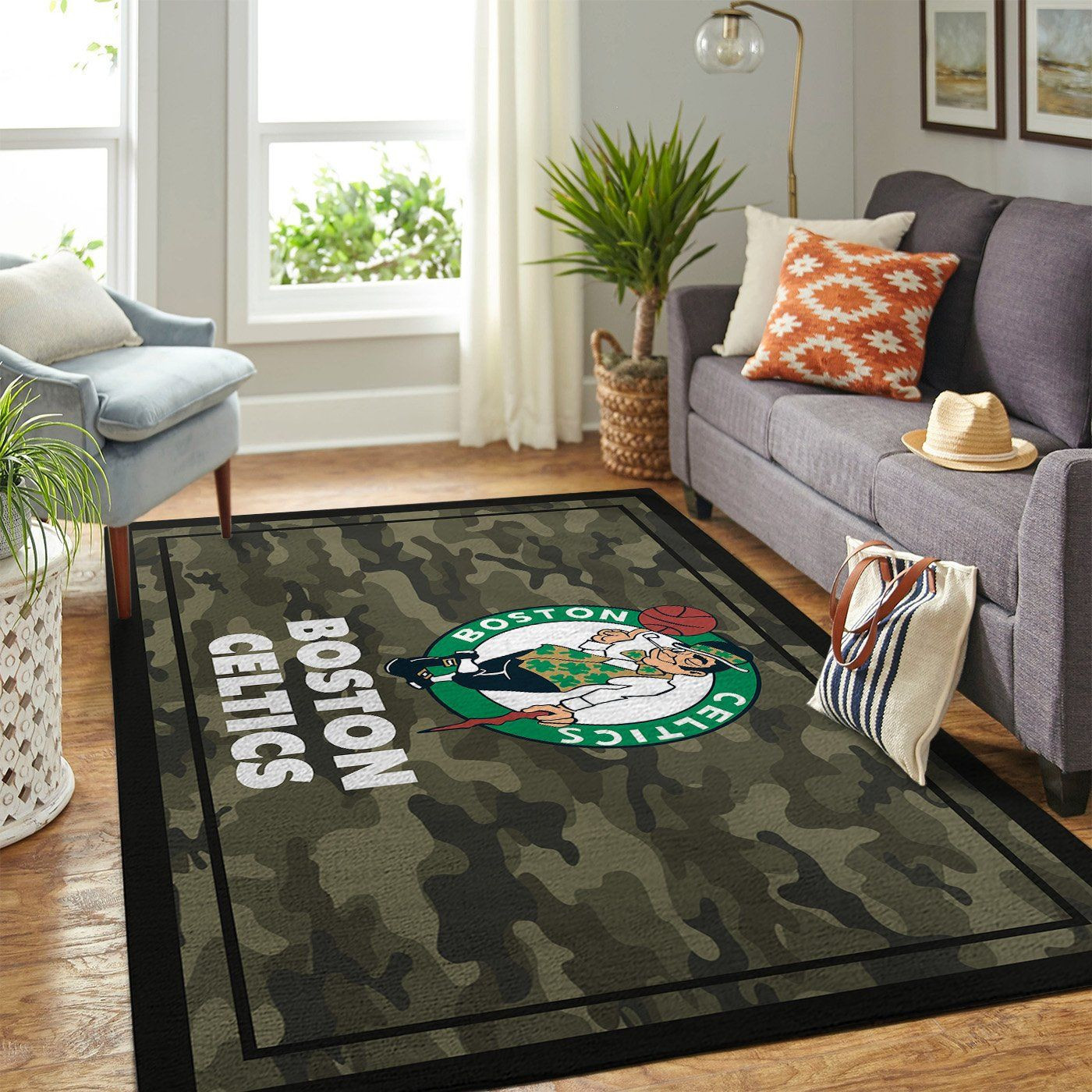 Boston Celtics Team Logo Camo Rectangle Area Rug – Full Print Carpet For Living Room & Bedroom Home Decor
