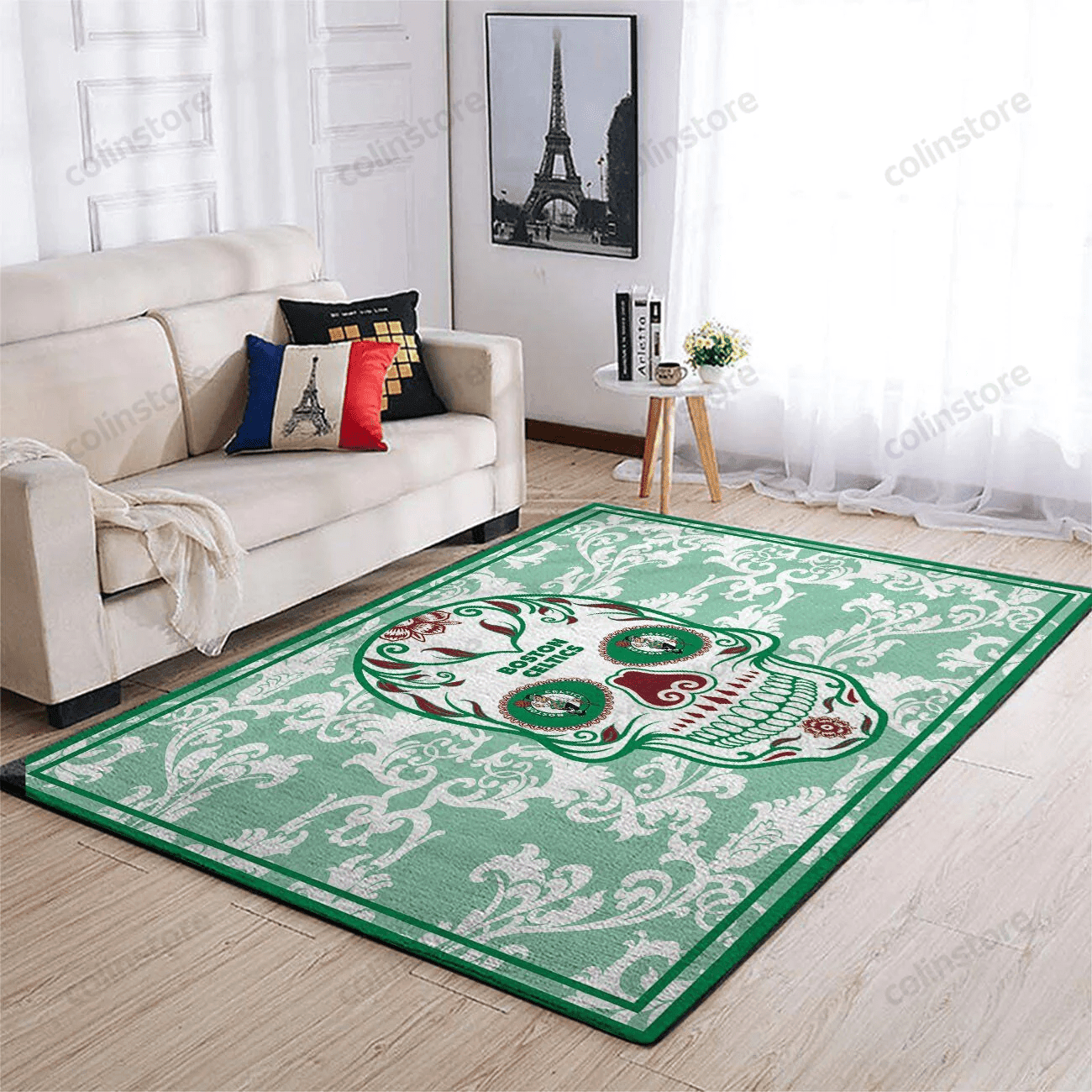 Boston Celtics Team Logo Skull Flower Rectangle Area Rug – Full Print Carpet For Living Room & Bedroom Home Decor