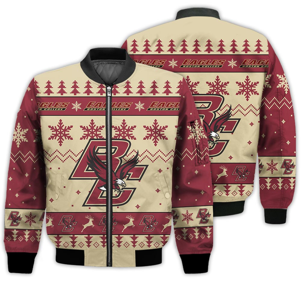 Boston College Eagles Ugly Christmas Bomber Jacket | NCAA College Team Jacket for Men & Women | Sports Fan Gift