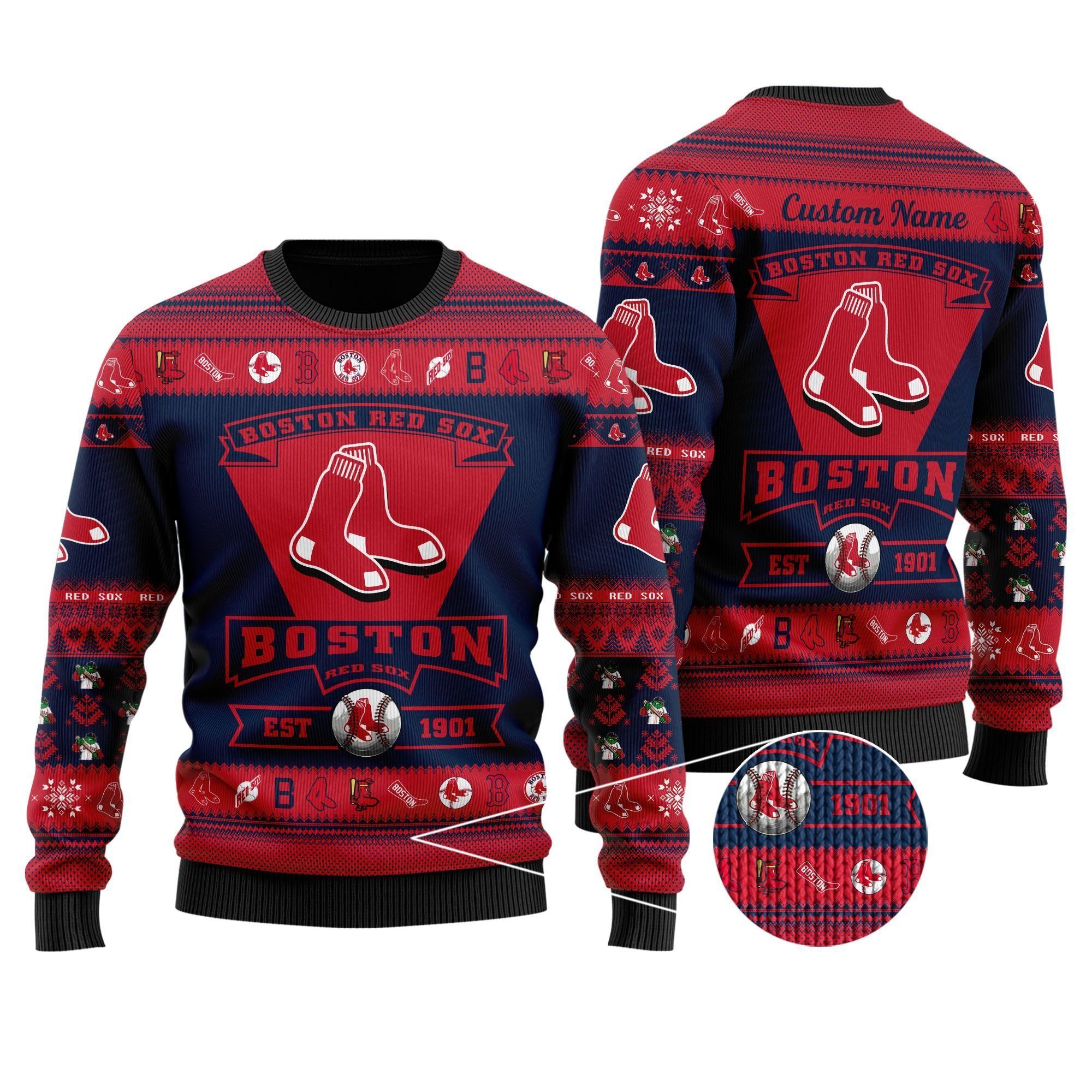Boston Red Sox Football Team Logo Custom Name Personalized Ugly Christmas Sweater Holiday Party Men Women Plus Size