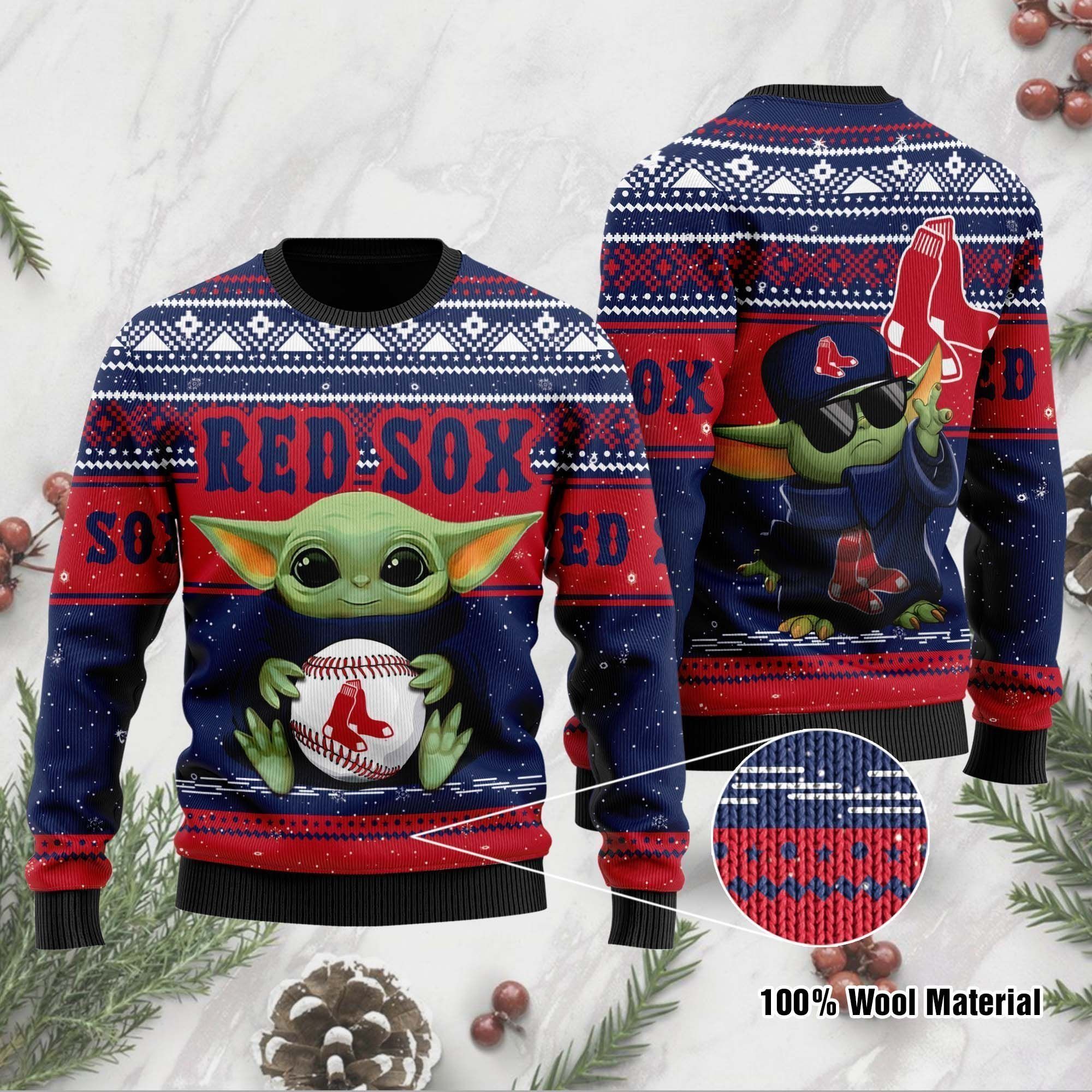Boston Red Sox Grogu Baby Yoda Hug Logo Ugly Christmas Sweater Party