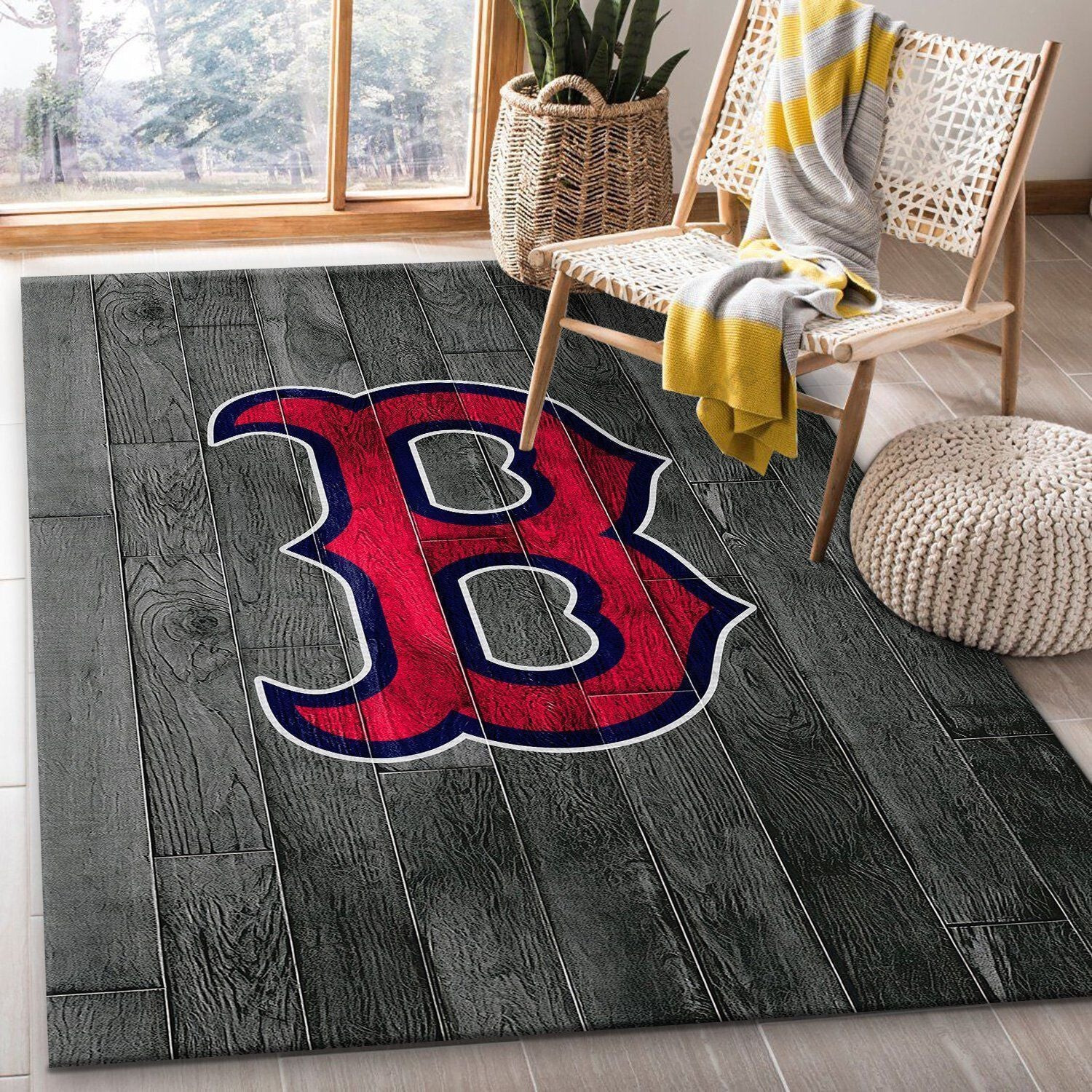 Boston Red Sox Team Logo Grey Wooden Rectangle Area Rug – Full Print Carpet For Living Room & Bedroom Home Decor