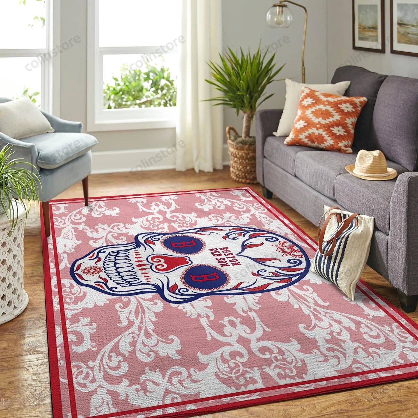 Boston Red Sox Team Logo Skull Rectangle Area Rug – Full Print Carpet For Living Room & Bedroom Home Decor