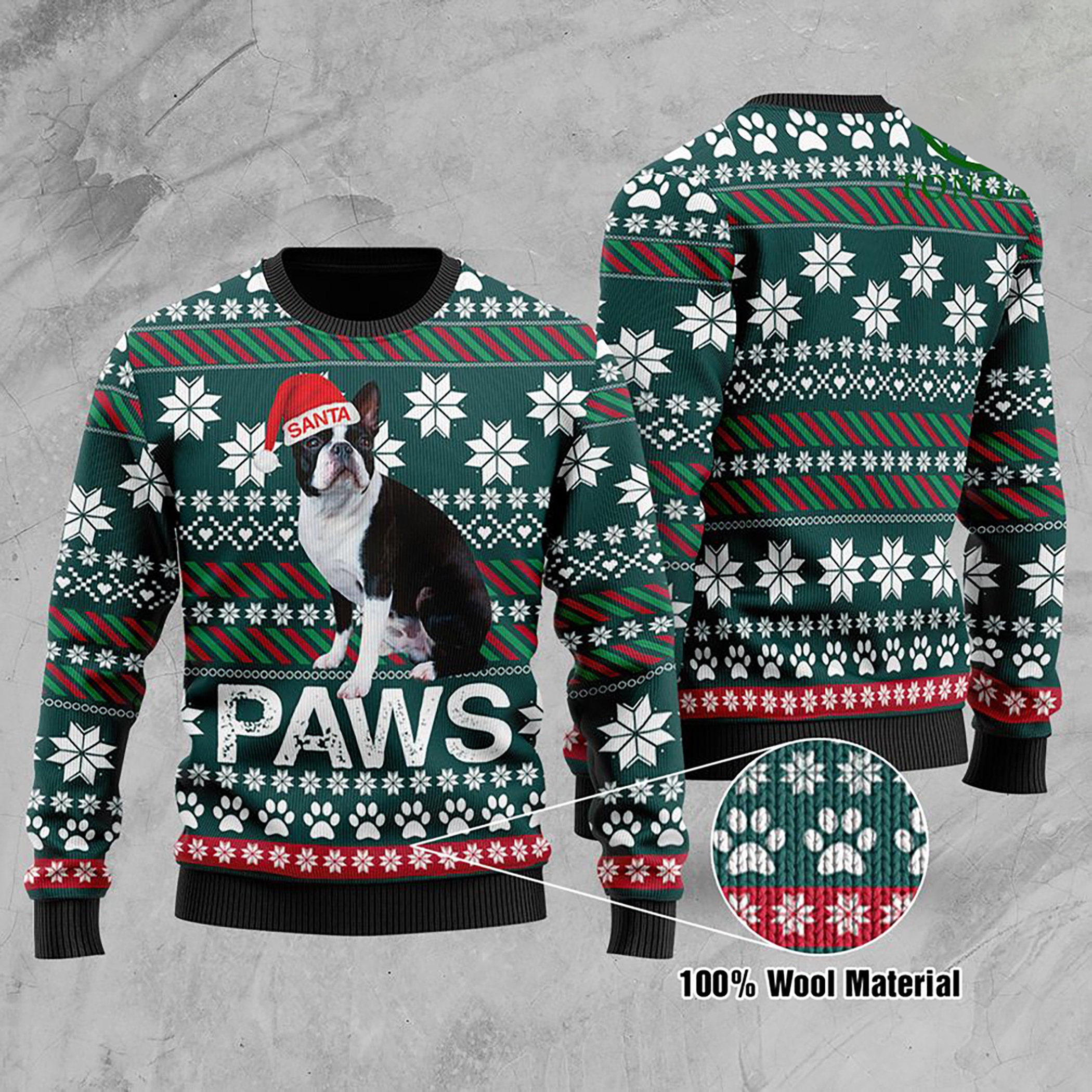 Boston Terrier Santa Printed Christmas Ugly Christmas Sweater
