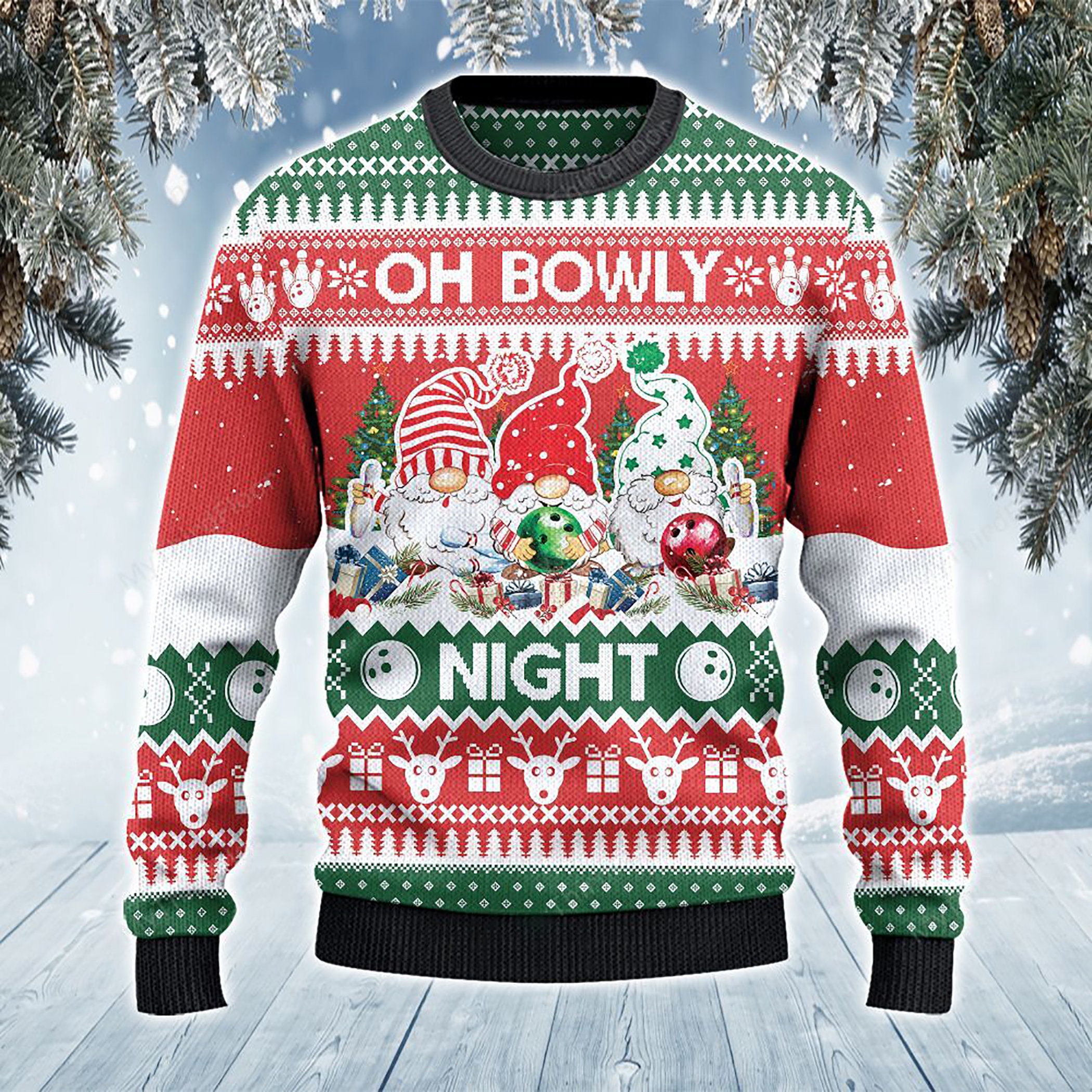 Bowling And Gnomes Lovers Gift Oh Bowly Night Ugly Christmas Sweater
