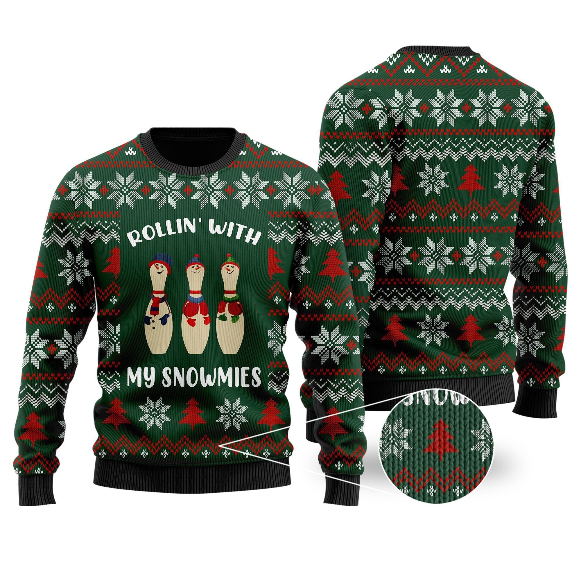 Bowling Rollin With My Snowmies Noel Pattern Ugly Christmas Sweater For Bowlers Sport Lovers On Christmas Days