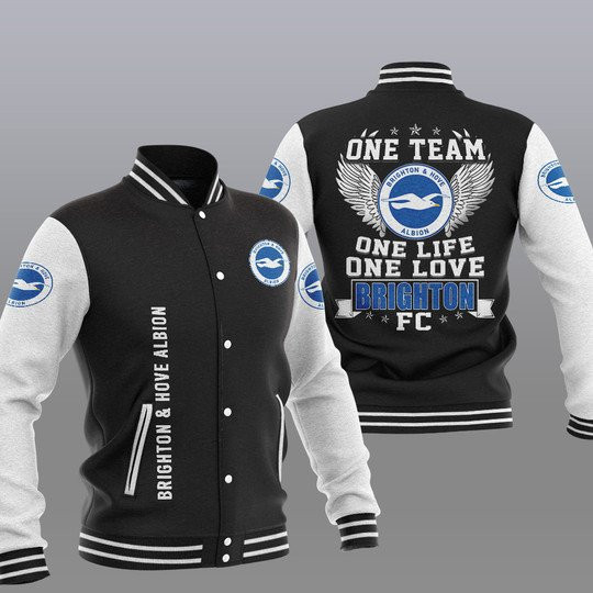 Brighton & Hove Albion FC Black Grey One Team Baseball Jacket for Men & Women | Soccer Team Fan Gift