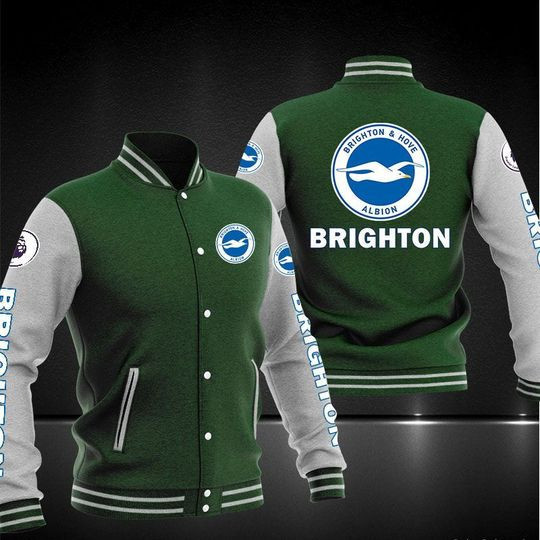 Brighton & Hove Albion FC Green Grey Baseball Jacket Varsity Baseball Jacket for Men & Women | Soccer Team Fan Gift