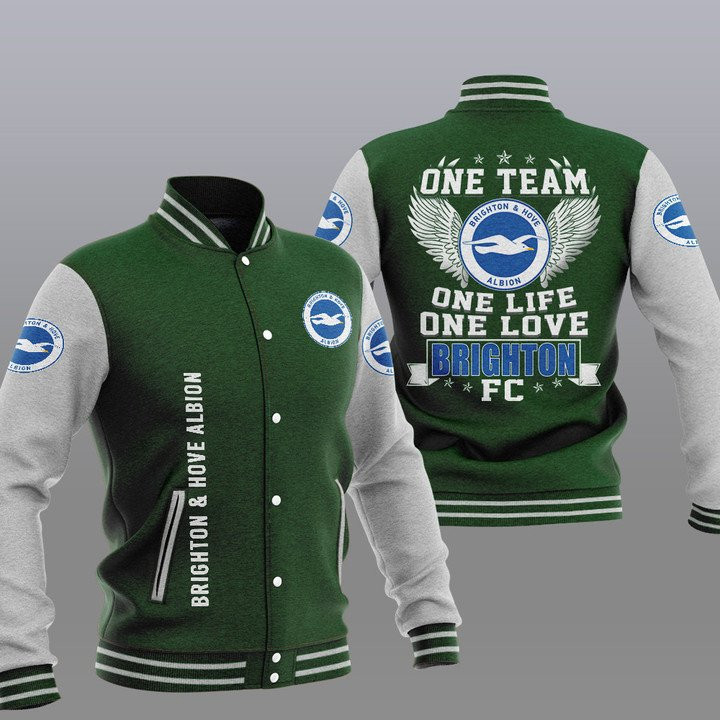 Brighton & Hove Albion FC Green One Team Baseball Jacket Varsity Baseball Jacket for Men & Women | Soccer Team Fan Gift