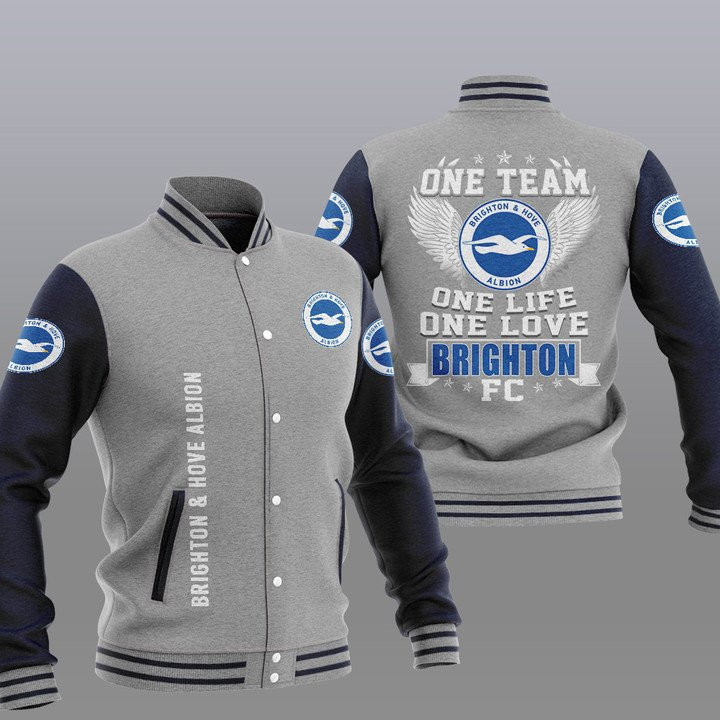 Brighton & Hove Albion FC Grey One Team Baseball Jacket Varsity Baseball Jacket for Men & Women | Soccer Team Fan Gift