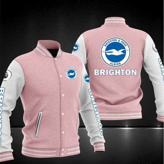 Brighton & Hove Albion FC Pink Grey Baseball Jacket Varsity Baseball Jacket for Men & Women | Soccer Team Fan Gift