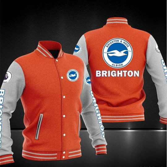 Brighton & Hove Albion Orange Grey Varsity Baseball Jacket for Men & Women | Soccer Team Fan Gift