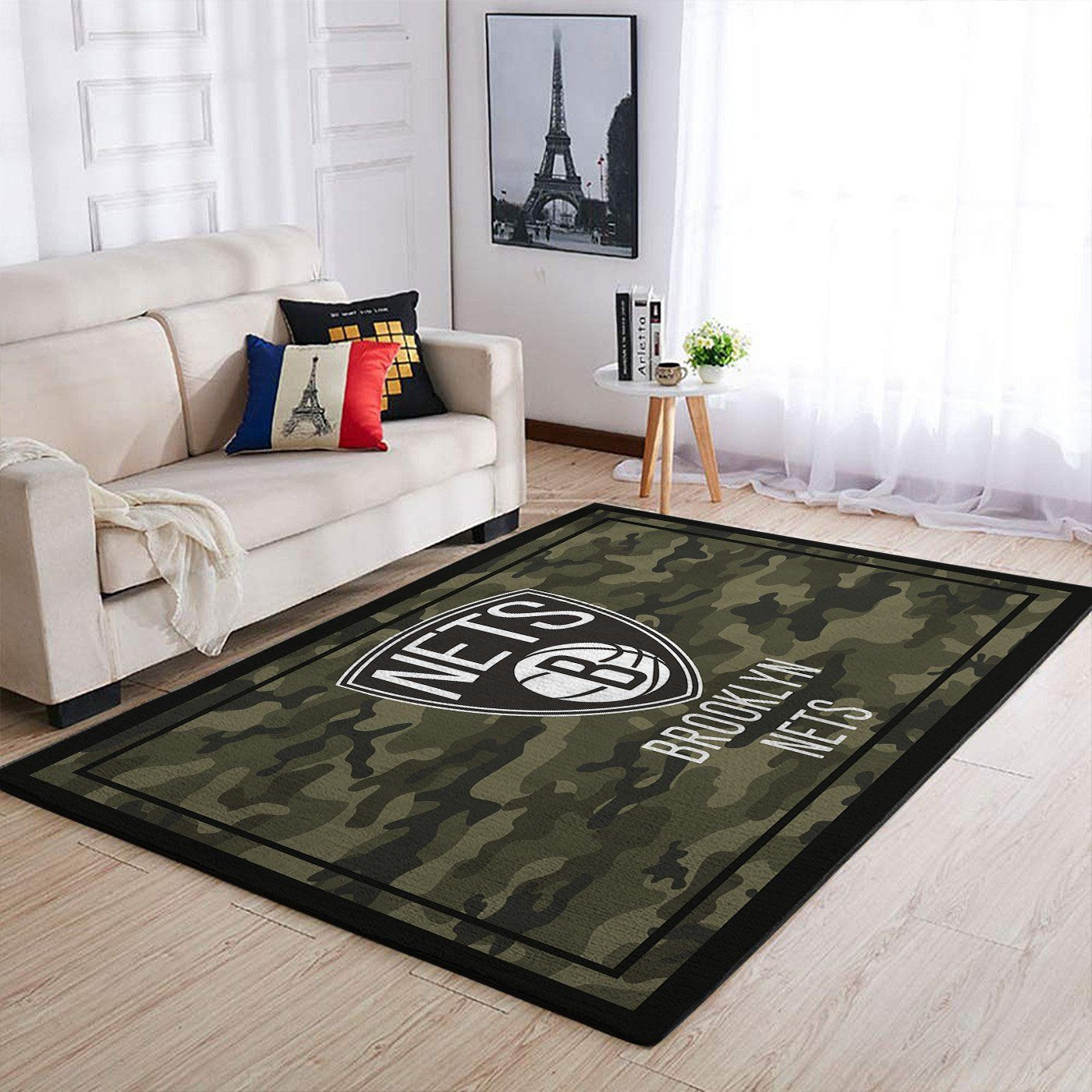 Brooklyn Nets Team Logo Camo Rectangle Area Rug – Full Print Carpet For Living Room & Bedroom Home Decor