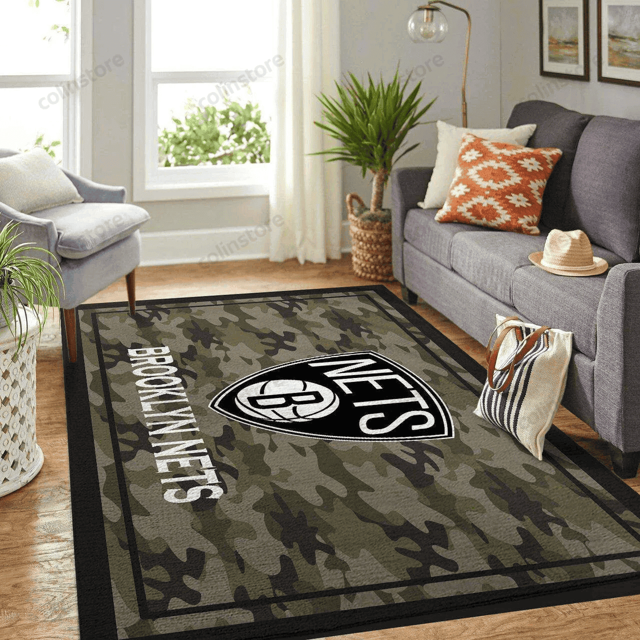 Brooklyn Nets Team Logo Camo Style 3D Rectangle Area Rug – Full Print Carpet For Living Room & Bedroom Home Decor