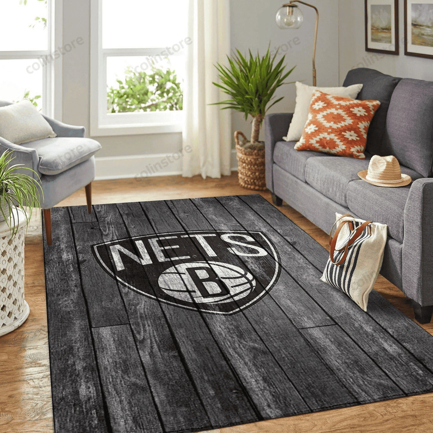 Brooklyn Nets Team Logo Grey Wooden Style 3D Rectangle Area Rug – Full Print Carpet For Living Room & Bedroom Home Decor