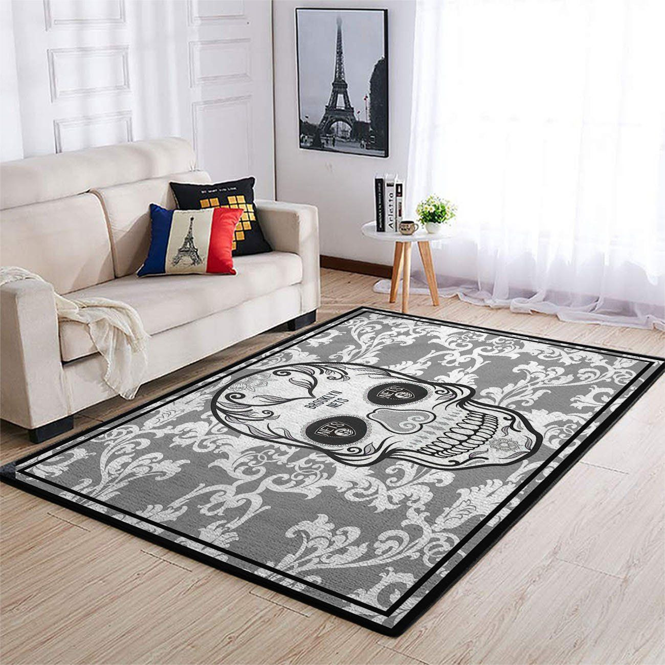 Brooklyn Nets Team Logo Skull Flower Rectangle Area Rug – Full Print Carpet For Living Room & Bedroom Home Decor