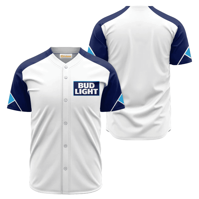 Bud Light White And Blue Baseball Jersey For Beer Lover, Bud Light Baseball Jersey For Men Women, Beer Drinker Gift Idea