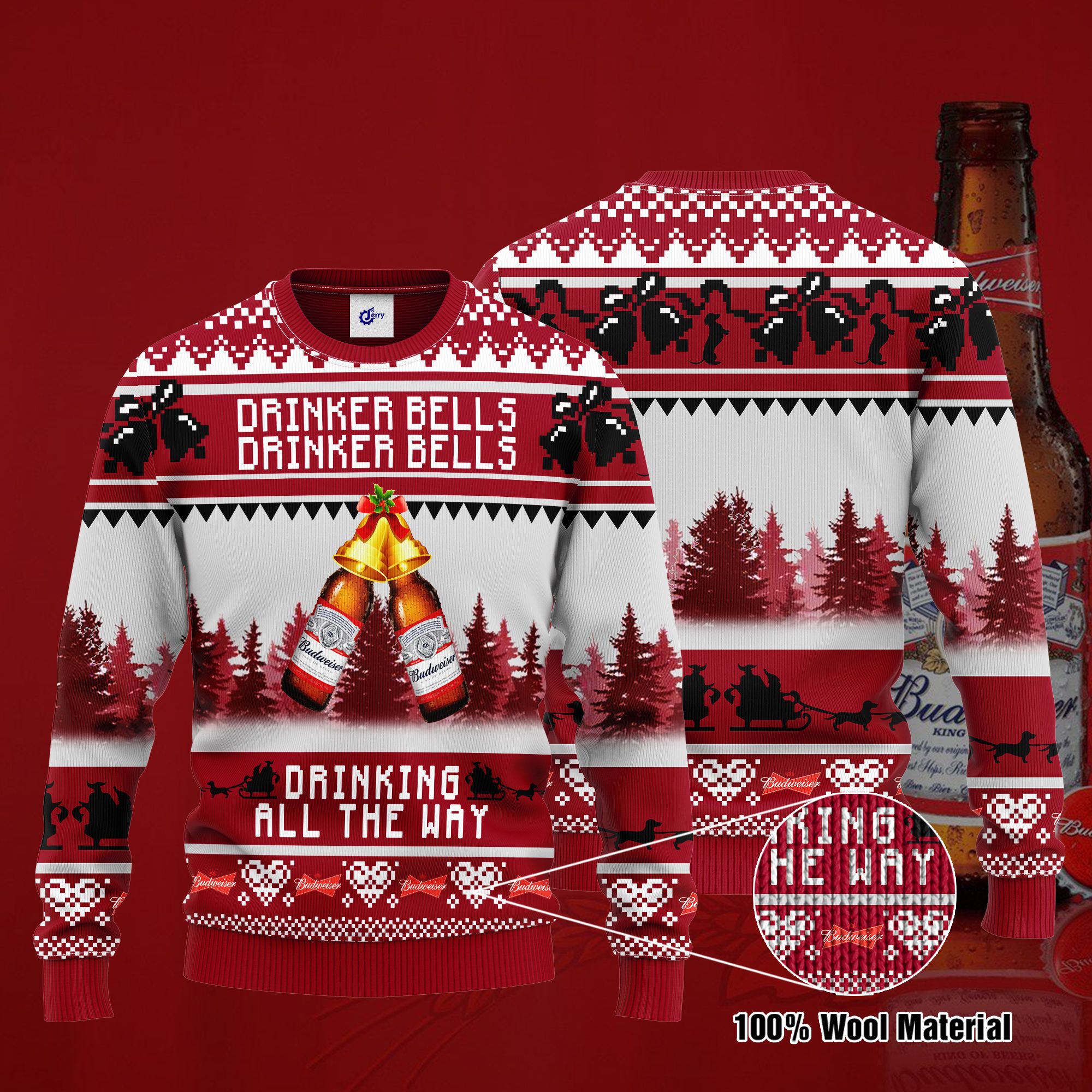 Budweiser Drinker Bells Drinker Bells Drinking All The Way Ugly Christmas Sweater, Hoodie, Zip Hoodie, Bomber Jacket