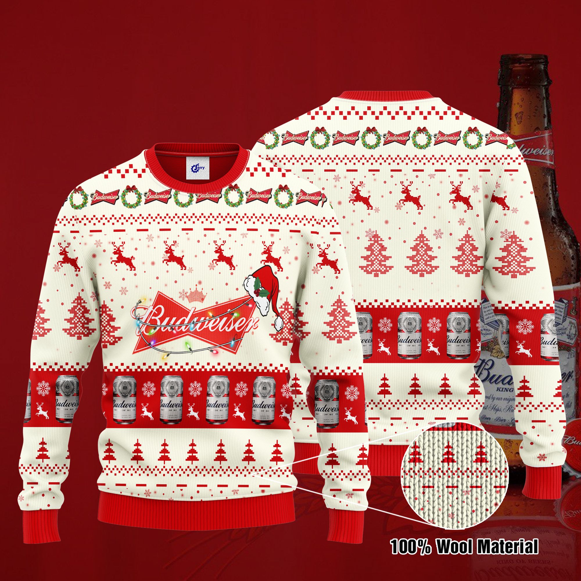 Budweiser Santa Hat Christmas Ugly Christmas Sweater, Hoodie, Zip Hoodie, Bomber Jacket