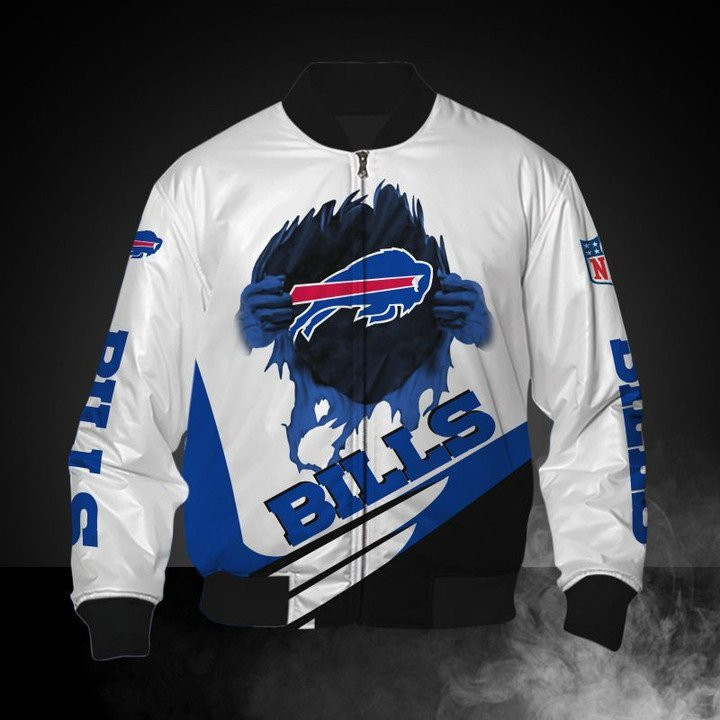 Buffalo Bills Blue Logo White Graphic Bomber Jacket | NFL Team Jacket for Men & Women | Football Fan Gift