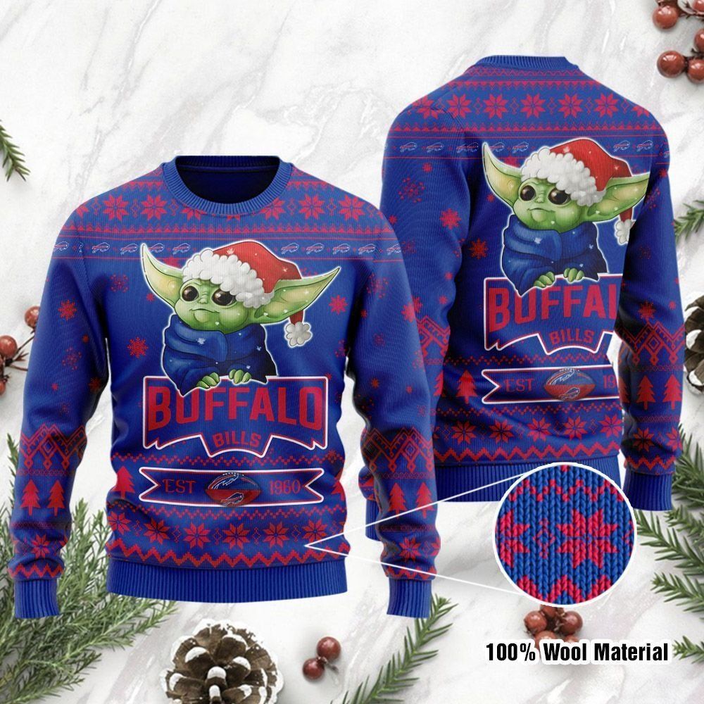 Buffalo Bills Cute Baby Yoda Grogu Ugly Christmas Sweater Holiday Party Men Women Full Plus Size