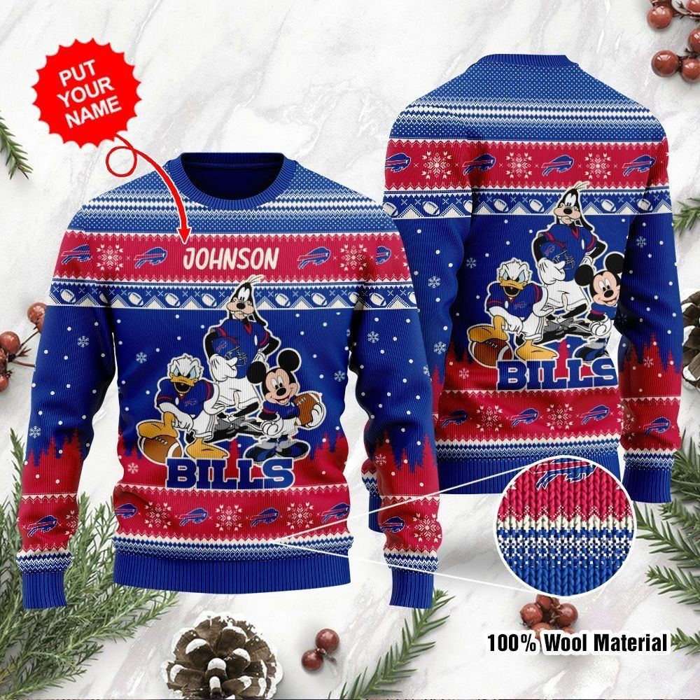Buffalo Bills Disney Donald Duck Mickey Mouse Goofy Custom Name Personalized Ugly Christmas Sweater Holiday Party For Men Women
