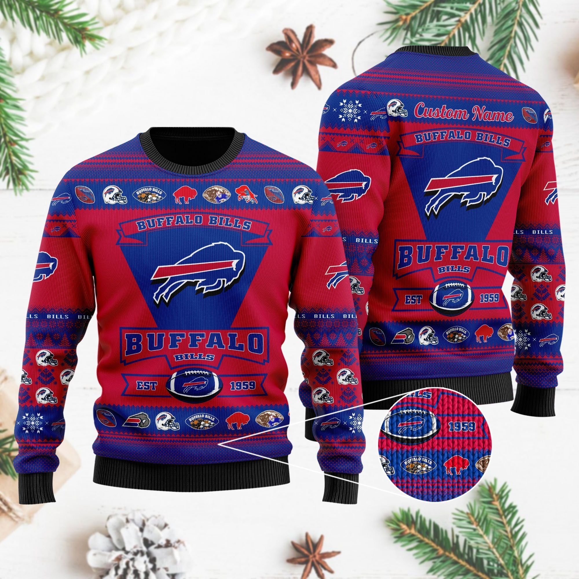 Buffalo Bills Football Team Logo Custom Name Personalized Ugly Christmas Sweater Holiday Party Men Women Plus Size