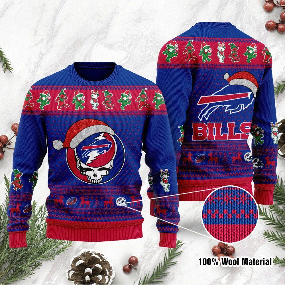 Buffalo Bills Grateful Dead SKull And Bears Custom Name Ugly Christmas Sweater NFL Football Christmas